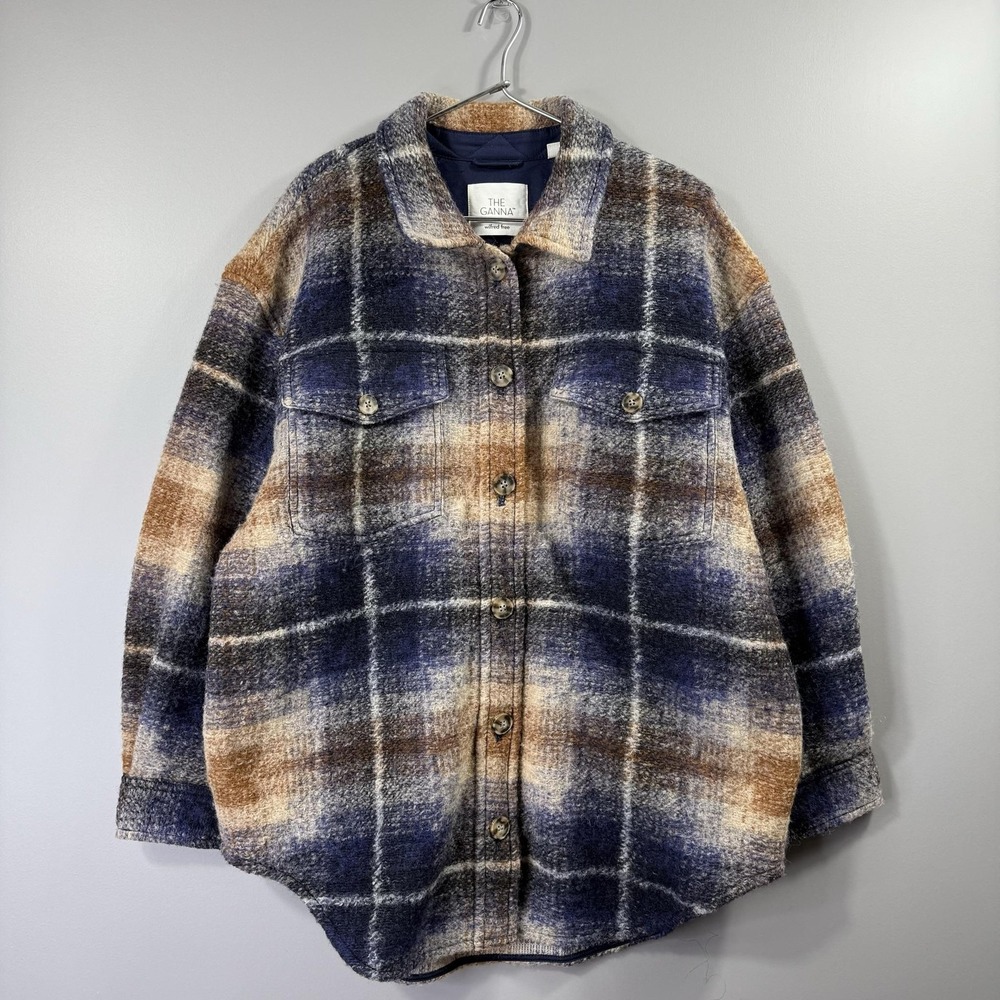 Aritzia Wilfred Free Ganna Jacket Womens XL Blue Brown Plaid Wool Shacket Lined